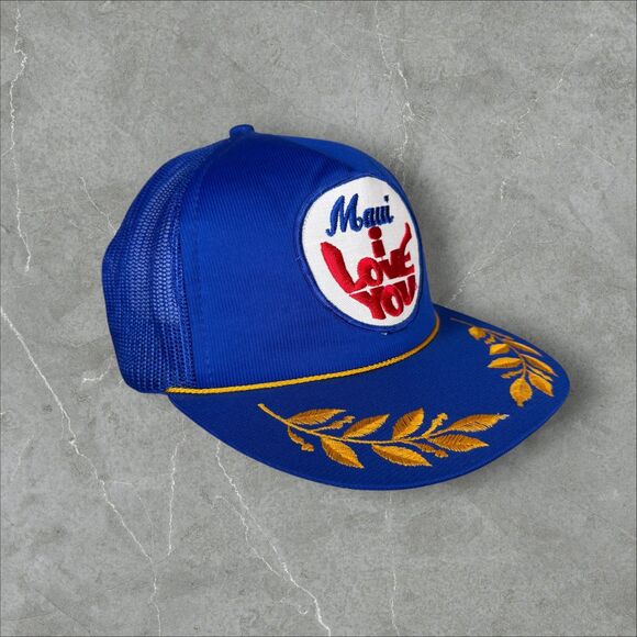 VTG 80s Hawaii Maui I Love You Laurel Leaf Embroidered Rope Snapback Trucker Hat - Picture 1 of 6